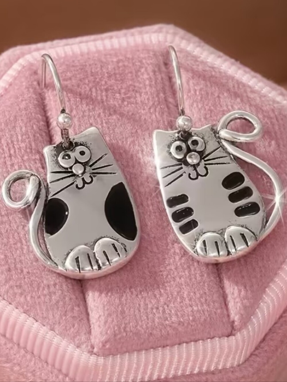 Silver Cat Dangle Earrings - Pink Accents